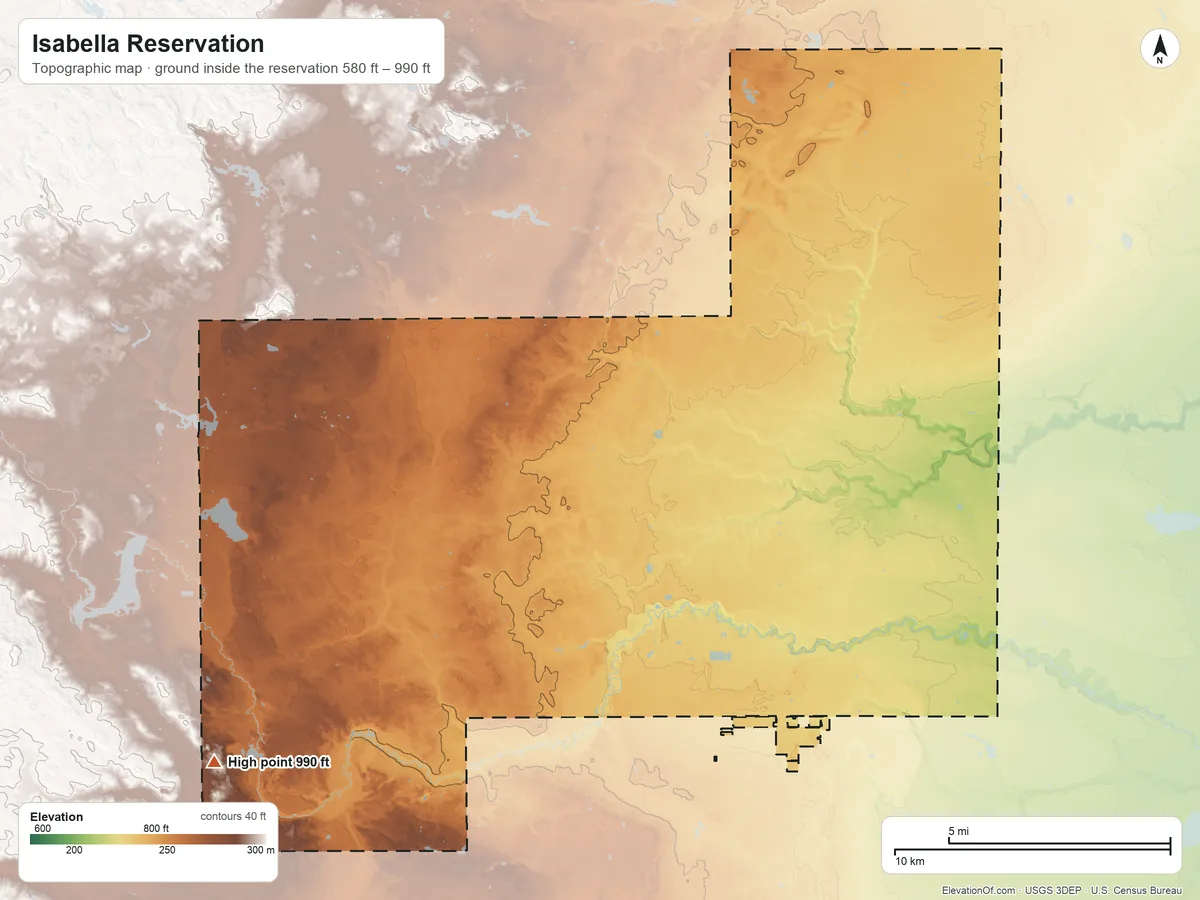 Topographic elevation map of Isabella Reservation, Michigan, shaded from 580 ft on the east side to 990 ft on the southwest side