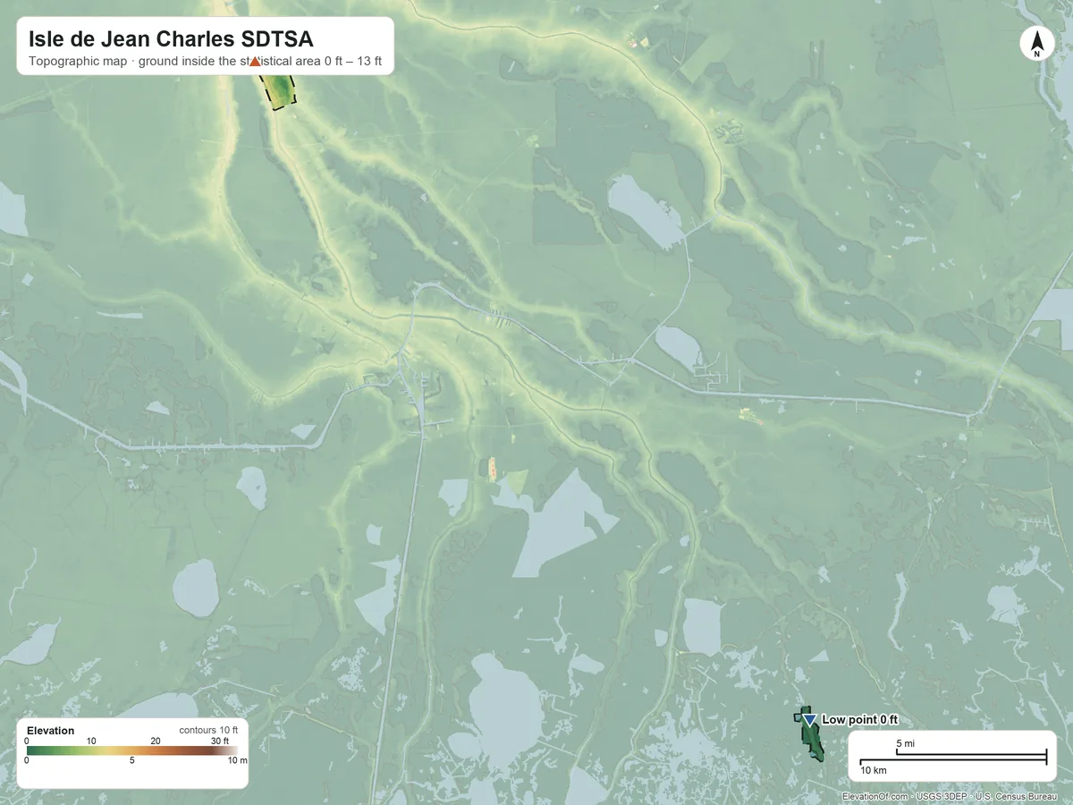 Topographic elevation map of Isle de Jean Charles SDTSA, Louisiana, shaded from 0 ft on the southeast side to 13 ft on the northwest side