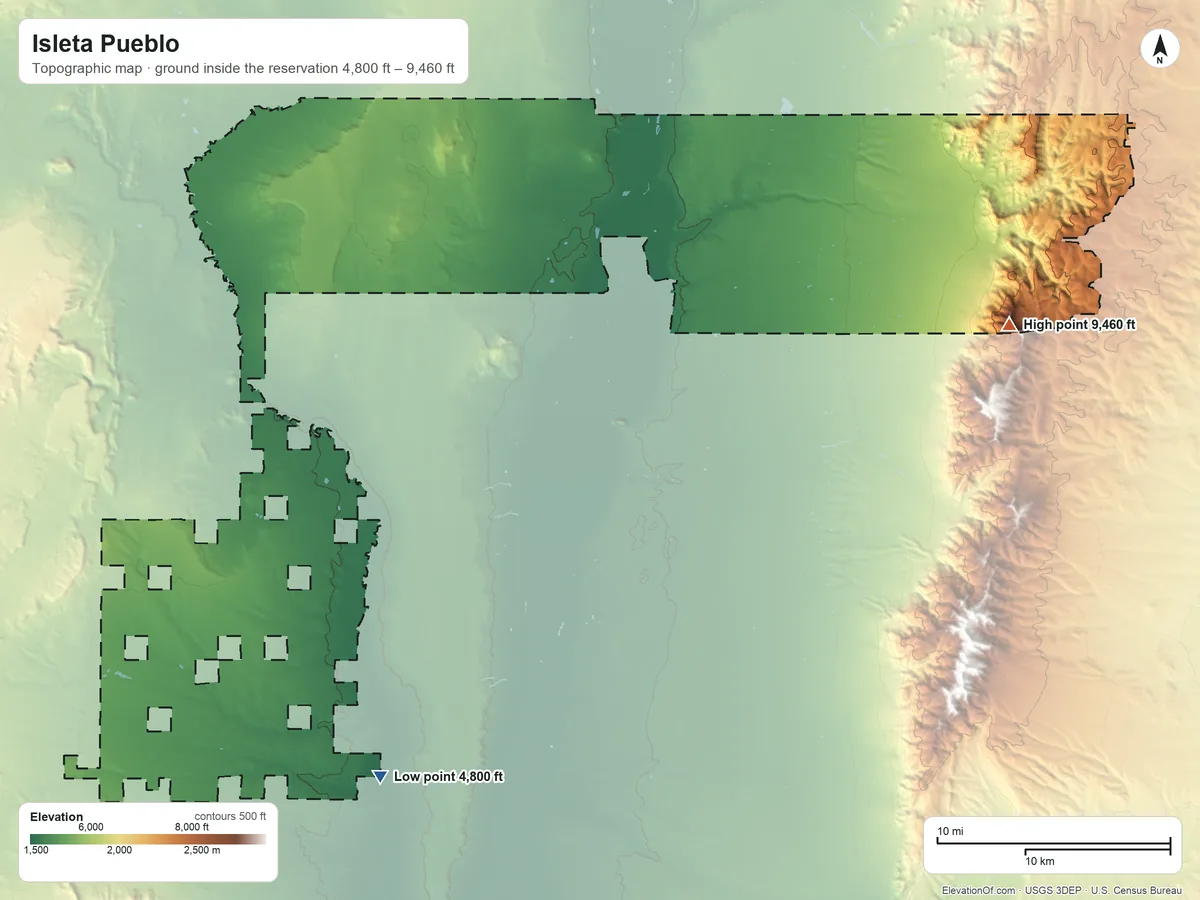 Topographic elevation map of Isleta Pueblo, New Mexico, shaded from 4,800 ft on the southwest side to 9,460 ft on Guadalupe Peak