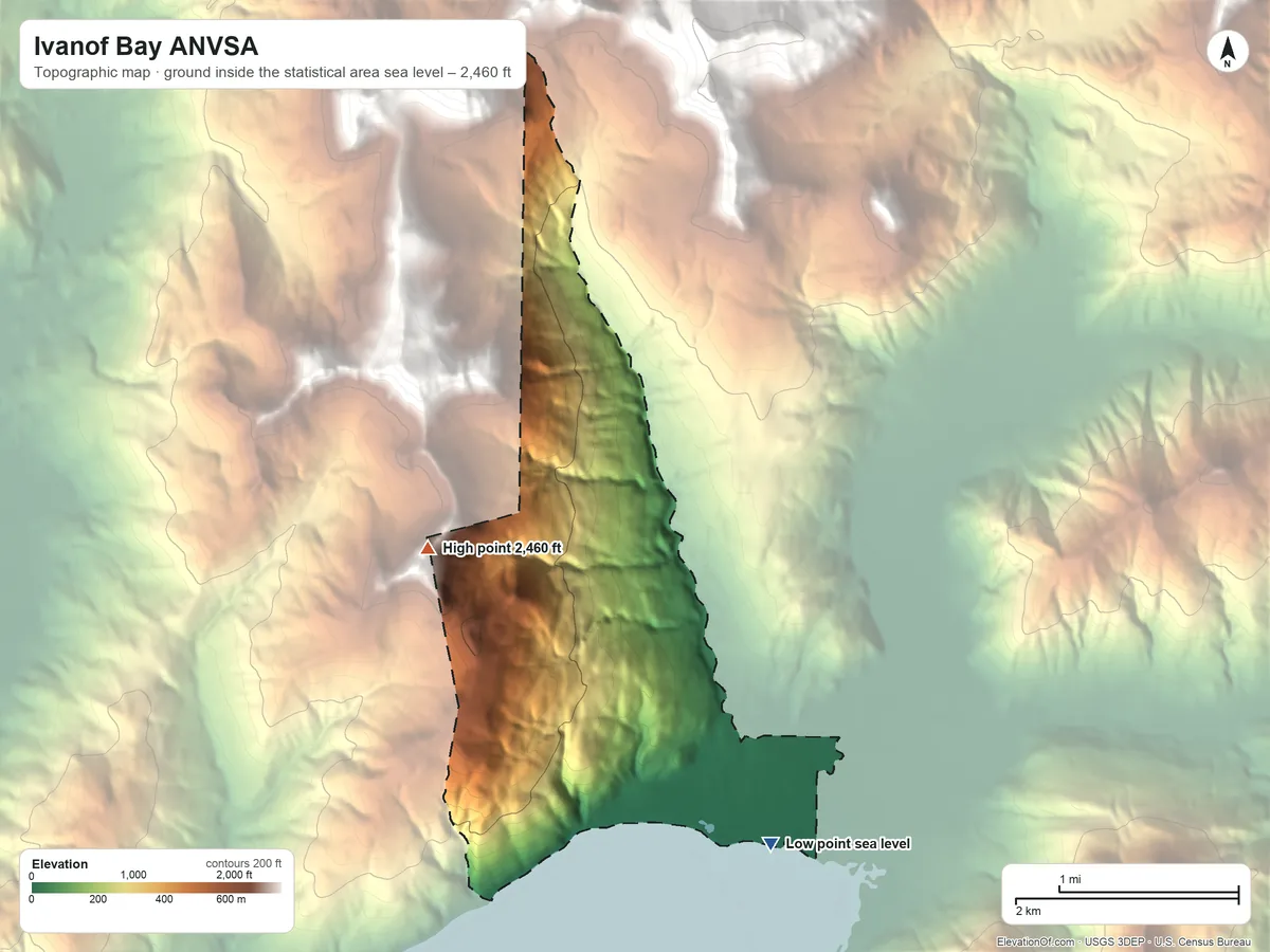 Topographic elevation map of Ivanof Bay ANVSA, Alaska, shaded from sea level on Ivanof Bay to 2,460 ft on the west side