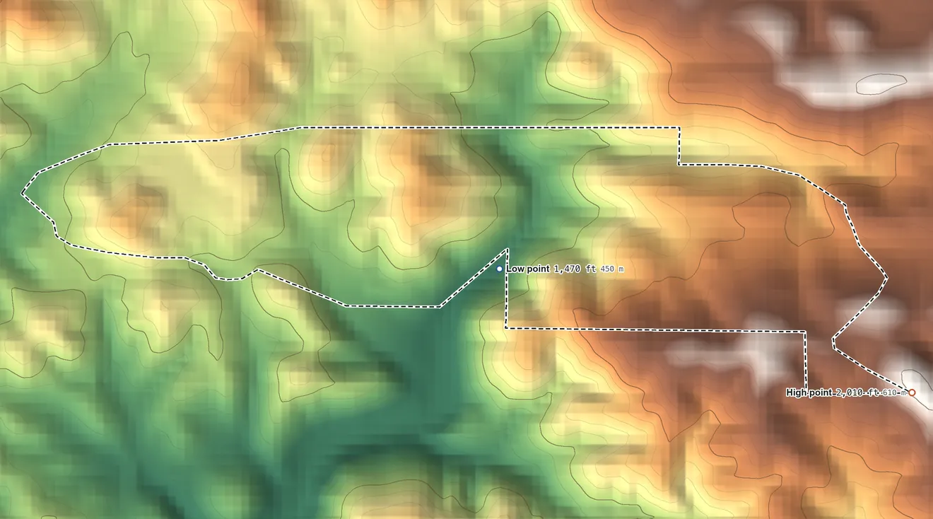Topographic elevation map of Jackson Rancheria, California, shaded from 1,470 ft near the middle to 2,010 ft on the east side