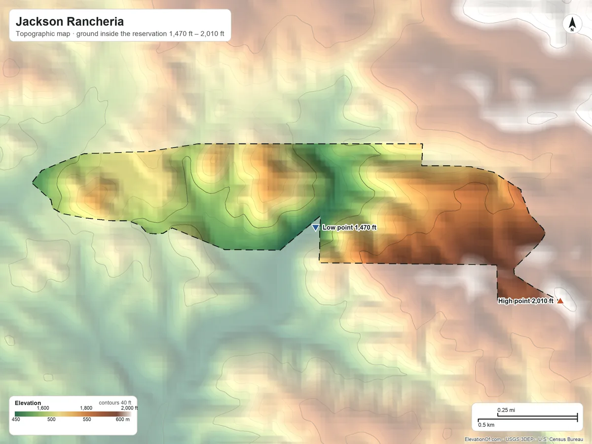 Topographic elevation map of Jackson Rancheria, California, shaded from 1,470 ft near the middle to 2,010 ft on the east side
