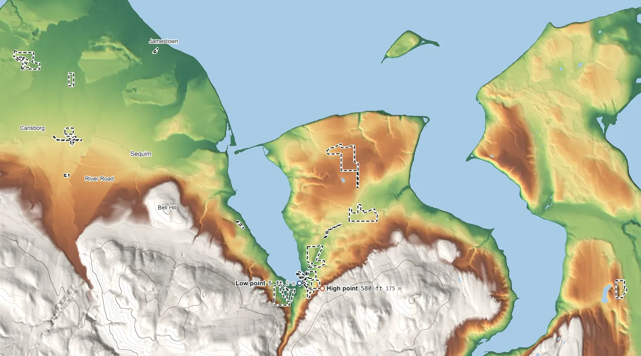 Topographic elevation map of Jamestown S'Klallam Reservation, Washington, shaded from 5 ft on the south side to 580 ft on the south side
