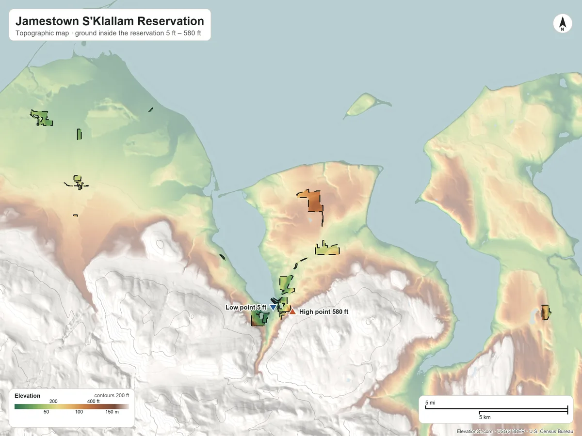 Topographic elevation map of Jamestown S'Klallam Reservation, Washington, shaded from 5 ft on the south side to 580 ft on the south side