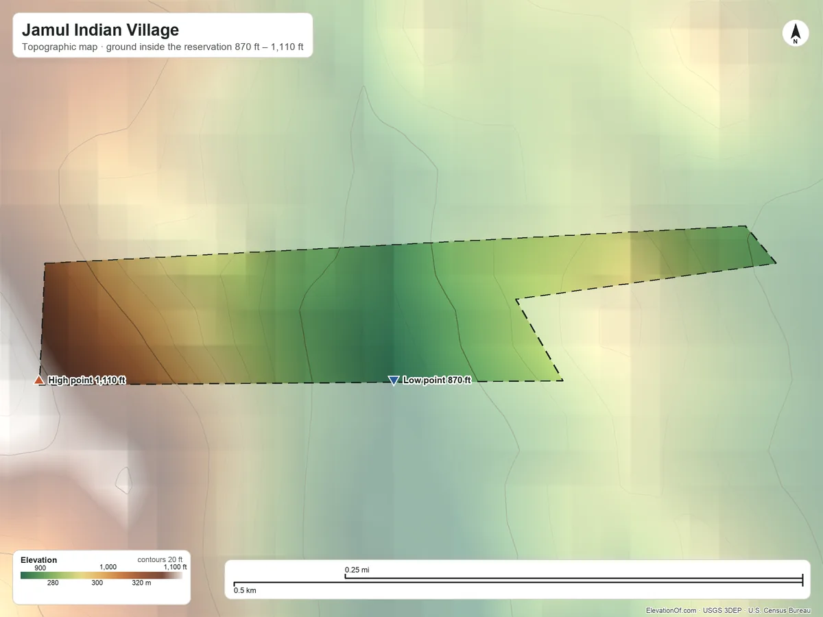 Topographic elevation map of Jamul Indian Village, California, shaded from 870 ft near the middle to 1,110 ft on the west side