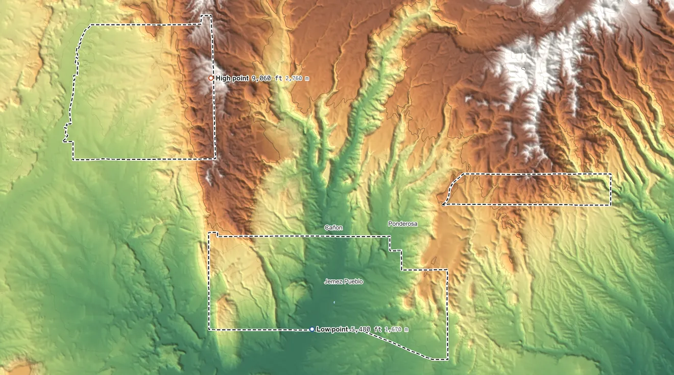 Topographic elevation map of Jemez Pueblo, New Mexico, shaded from 5,480 ft on the south side to 9,060 ft on the northwest side