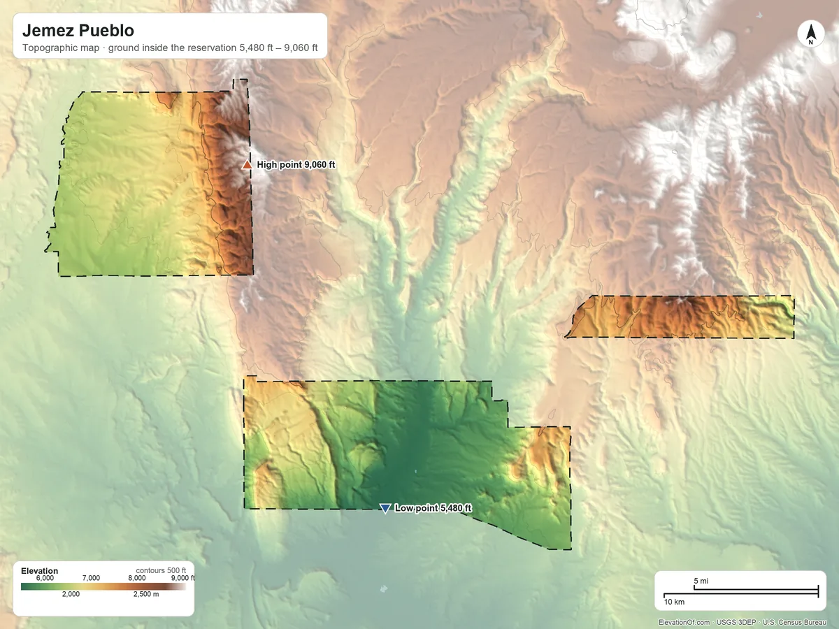 Topographic elevation map of Jemez Pueblo, New Mexico, shaded from 5,480 ft on the south side to 9,060 ft on the northwest side