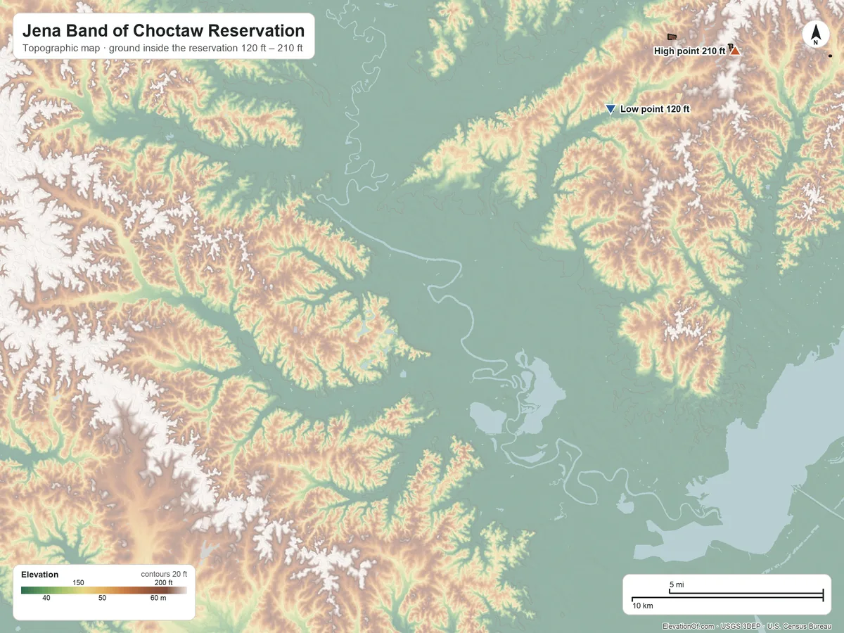 Topographic elevation map of Jena Band of Choctaw Reservation, Louisiana, shaded from 120 ft on the northeast side to 210 ft on the northeast side