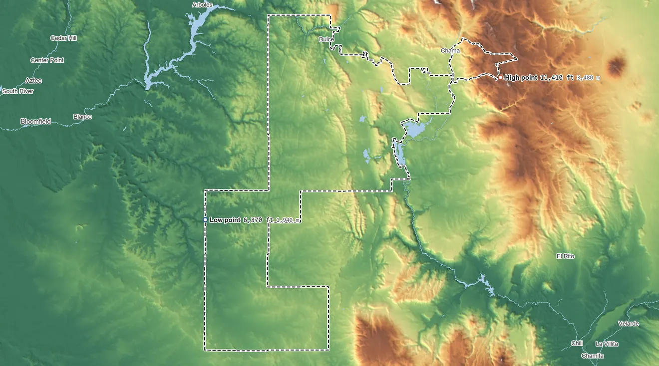 Topographic elevation map of Jicarilla Apache Nation Reservation, New Mexico, shaded from 6,370 ft on the west side to 11,410 ft on Grouse Mesa