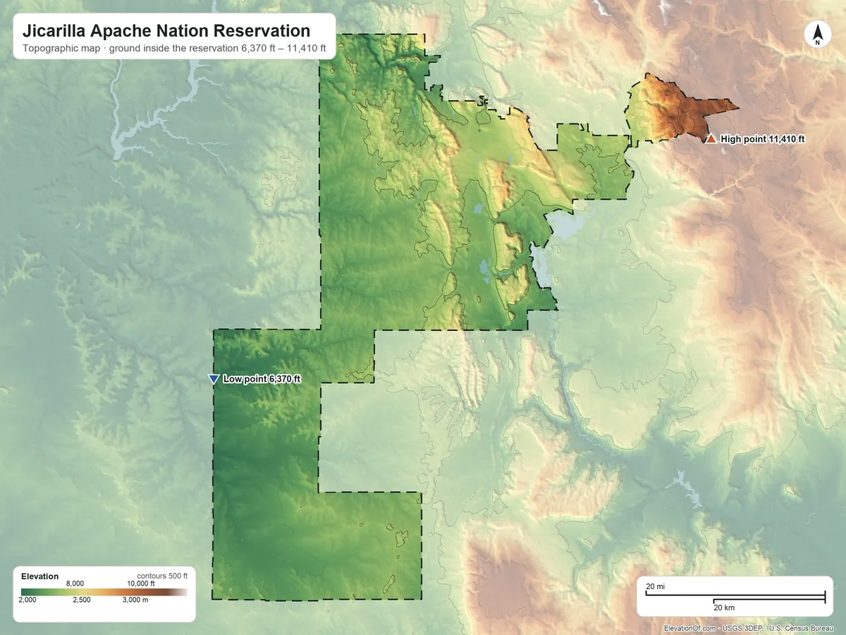 Topographic elevation map of Jicarilla Apache Nation Reservation, New Mexico, shaded from 6,370 ft on the west side to 11,410 ft on Grouse Mesa
