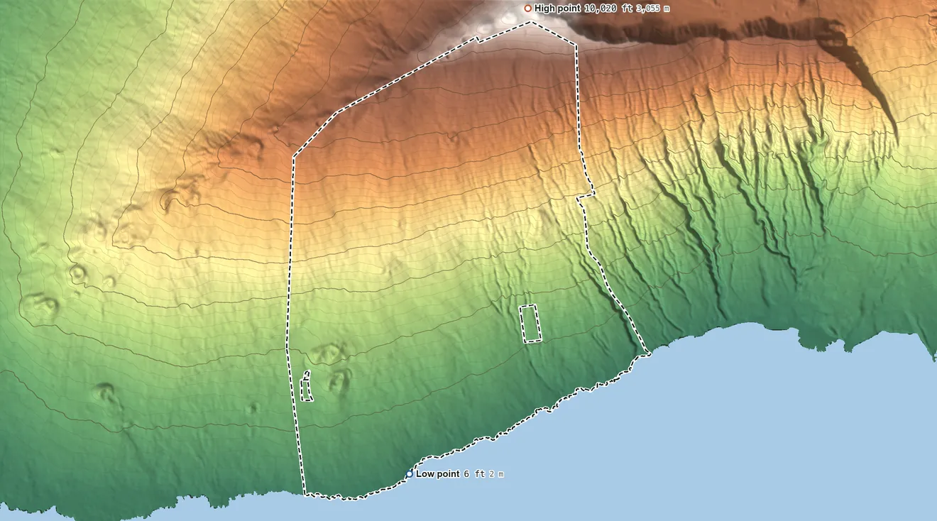 Topographic elevation map of Kahikinui Hawaiian Home Land, Hawaii, shaded from 6 ft on the south side to 10,020 ft on Puʻuʻulaʻula