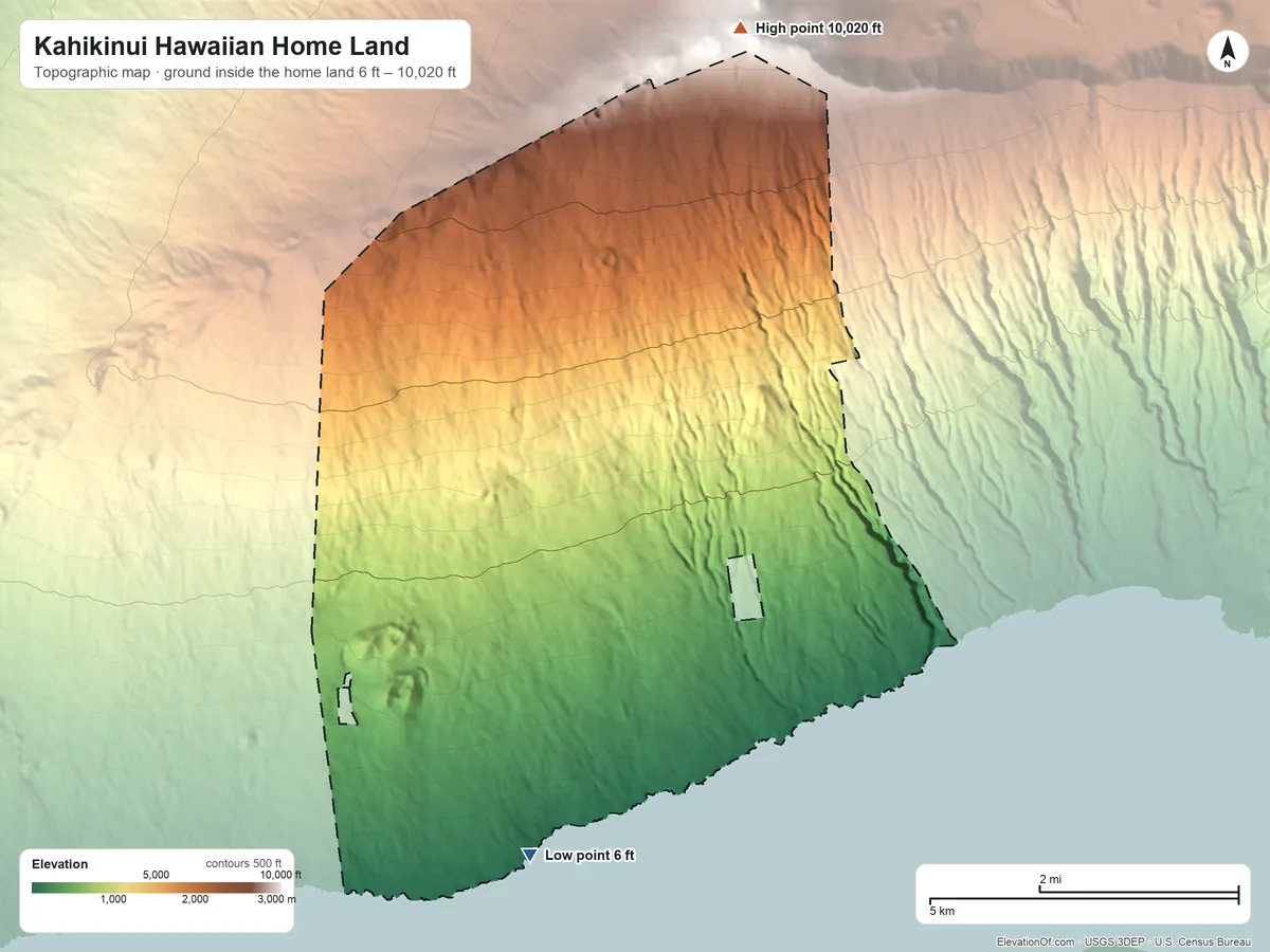 Topographic elevation map of Kahikinui Hawaiian Home Land, Hawaii, shaded from 6 ft on the south side to 10,020 ft on Puʻuʻulaʻula