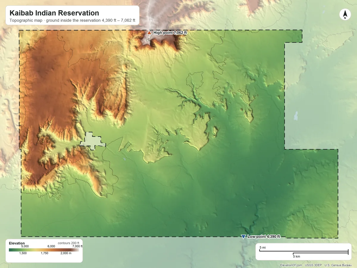 Topographic elevation map of Kaibab Indian Reservation, Arizona, shaded from 4,390 ft on the southeast side to 7,062 ft on Ed Lamb Point