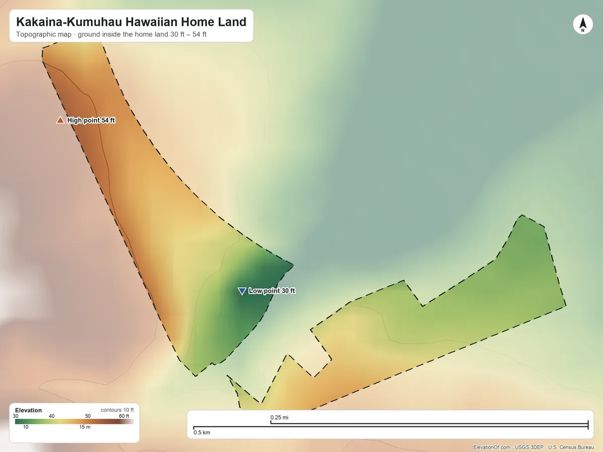 Topographic elevation map of Kakaina-Kumuhau Hawaiian Home Land, Hawaii, shaded from 30 ft on the southwest side to 54 ft on the northwest side