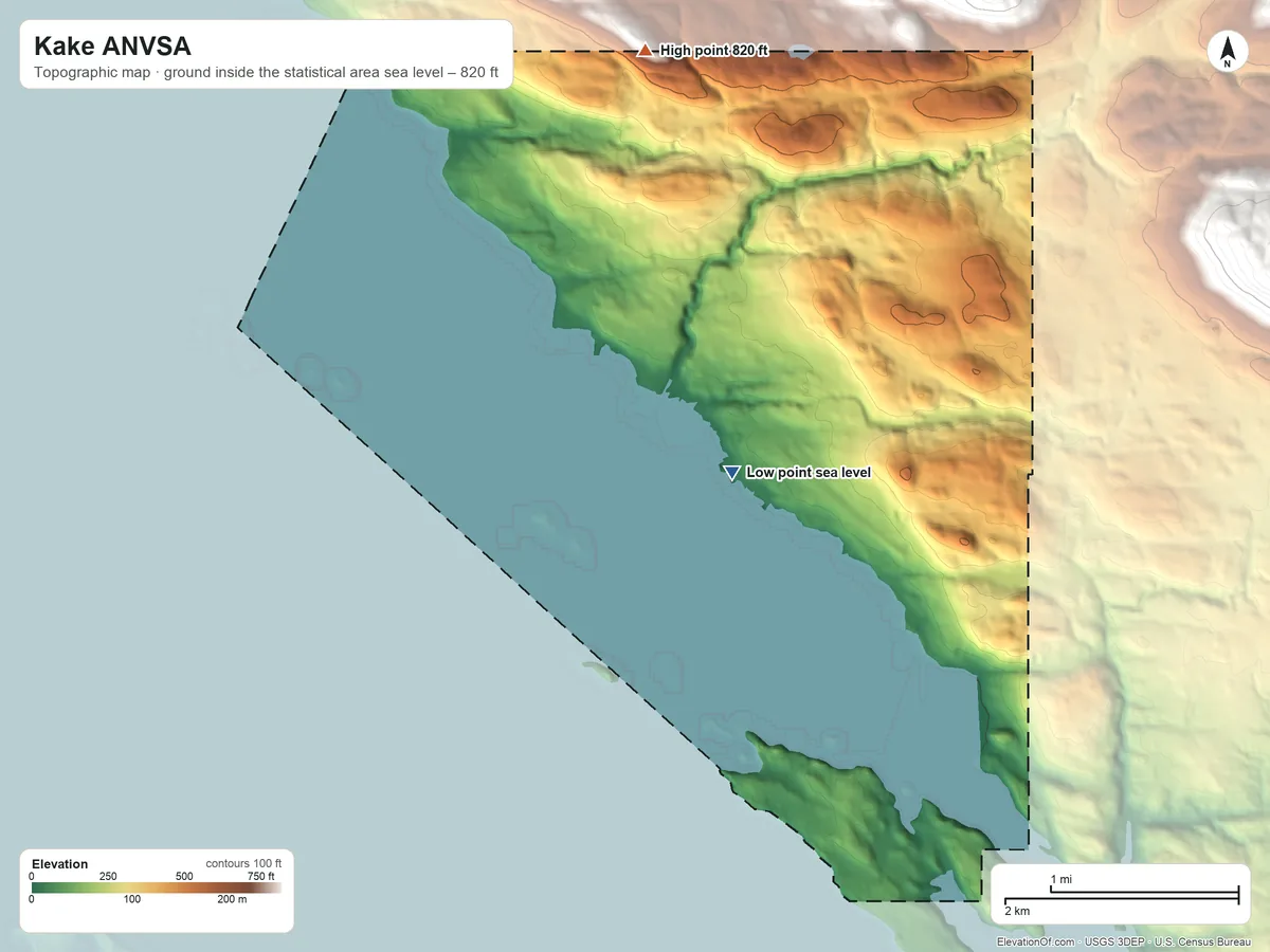 Topographic elevation map of Kake ANVSA, Alaska, shaded from sea level on the Keku Strait to 820 ft on the north side