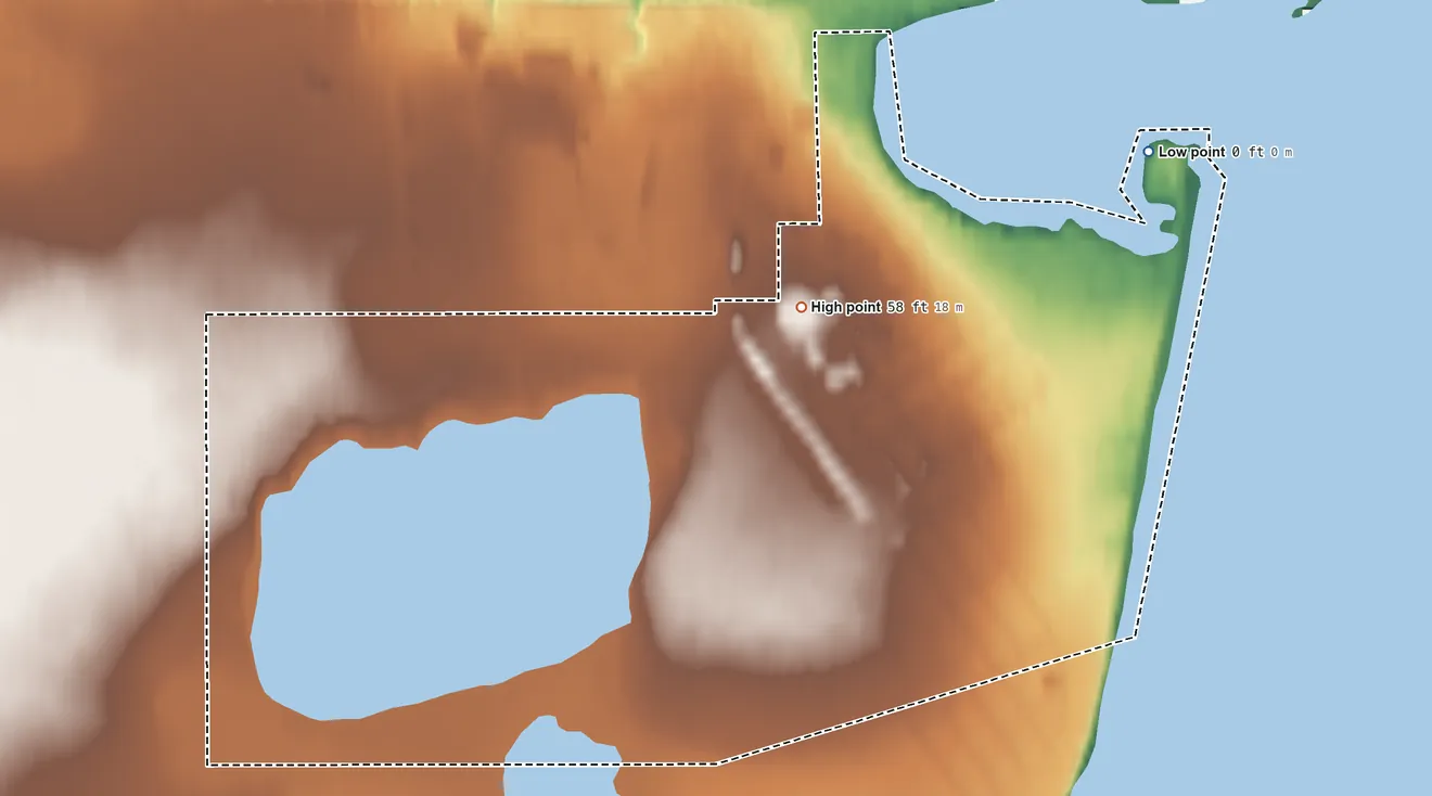 Topographic elevation map of Kaktovik ANVSA, Alaska, shaded from sea level on Kaktovik Lagoon to 58 ft near the middle