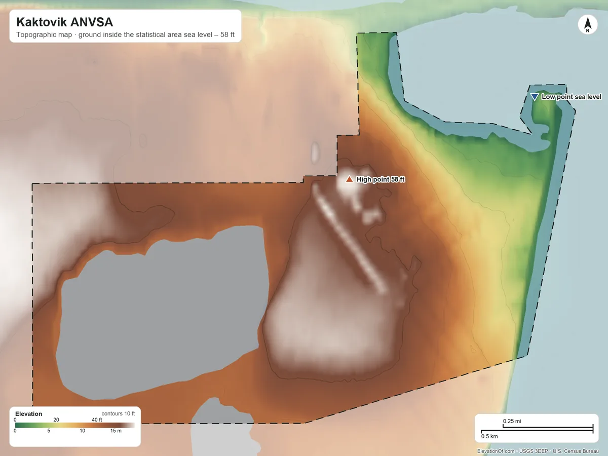 Topographic elevation map of Kaktovik ANVSA, Alaska, shaded from sea level on Kaktovik Lagoon to 58 ft near the middle