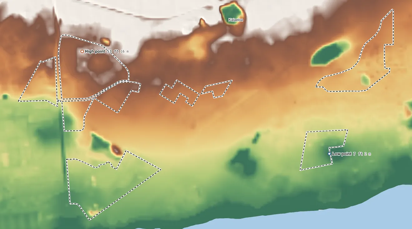 Topographic elevation map of Kalaeloa Hawaiian Home Land, Hawaii, shaded from 7 ft on the east side to 53 ft on the northwest side