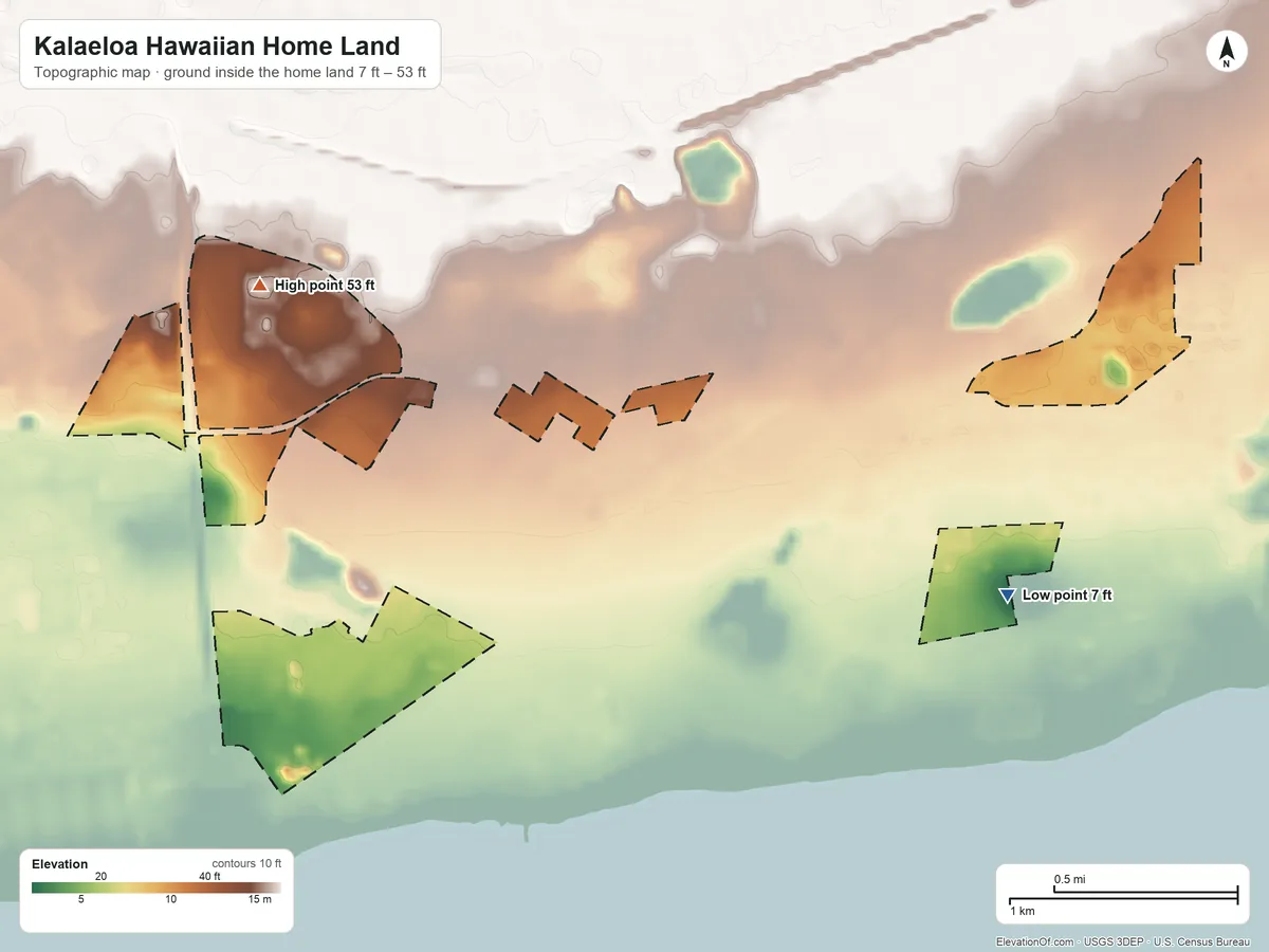 Topographic elevation map of Kalaeloa Hawaiian Home Land, Hawaii, shaded from 7 ft on the east side to 53 ft on the northwest side