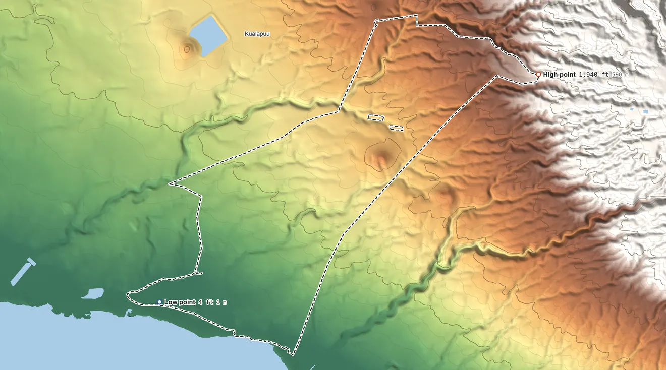 Topographic elevation map of Kalamaula Hawaiian Home Land, Hawaii, shaded from 4 ft on the southwest side to 1,940 ft on the northeast side