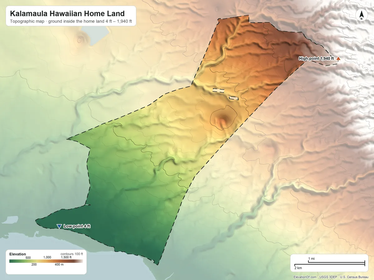 Topographic elevation map of Kalamaula Hawaiian Home Land, Hawaii, shaded from 4 ft on the southwest side to 1,940 ft on the northeast side