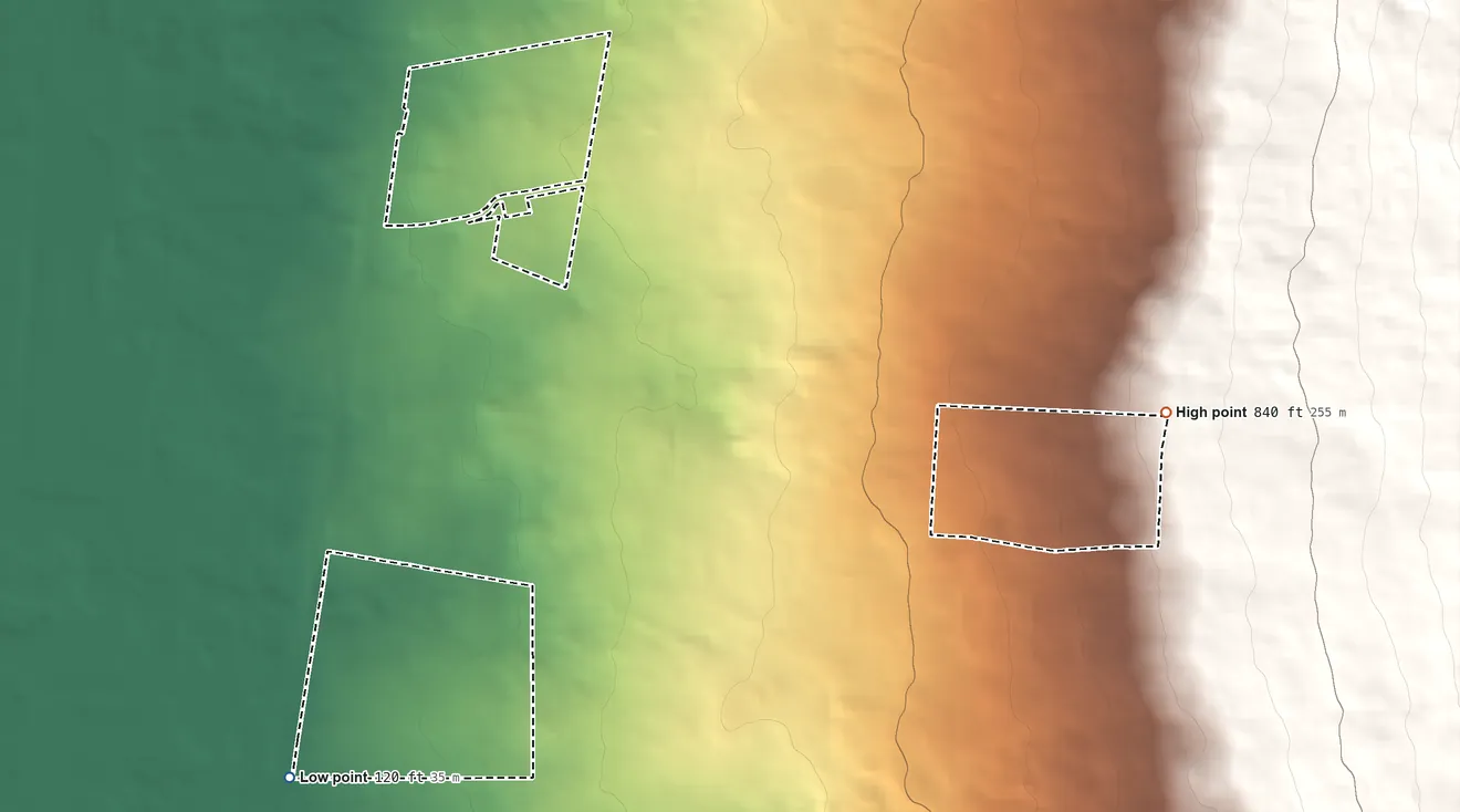 Topographic elevation map of Kalaoa Hawaiian Home Land, Hawaii, shaded from 120 ft on the southwest side to 840 ft on the east side
