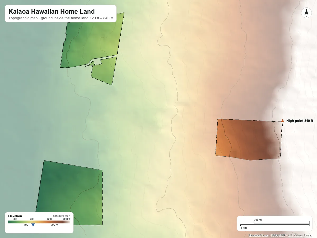 Topographic elevation map of Kalaoa Hawaiian Home Land, Hawaii, shaded from 120 ft on the southwest side to 840 ft on the east side