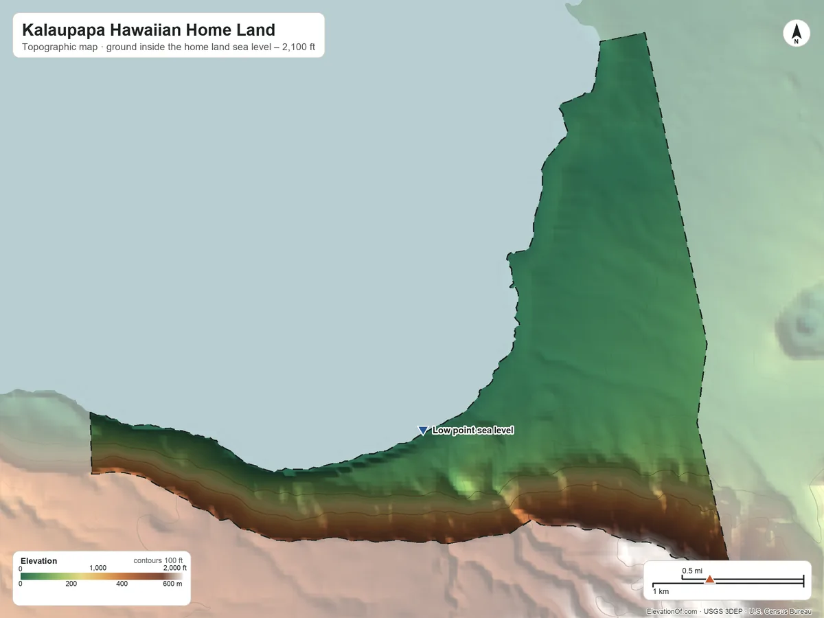 Topographic elevation map of Kalaupapa Hawaiian Home Land, Hawaii, shaded from sea level on Kalaupapa Harbor to 2,100 ft on the southeast side