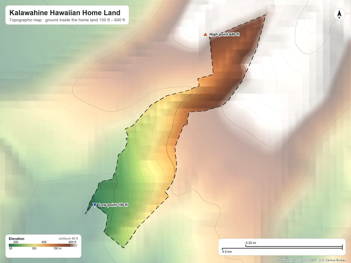 Topographic elevation map of Kalawahine Hawaiian Home Land, Hawaii, shaded from 150 ft on the southwest side to 640 ft on the north side
