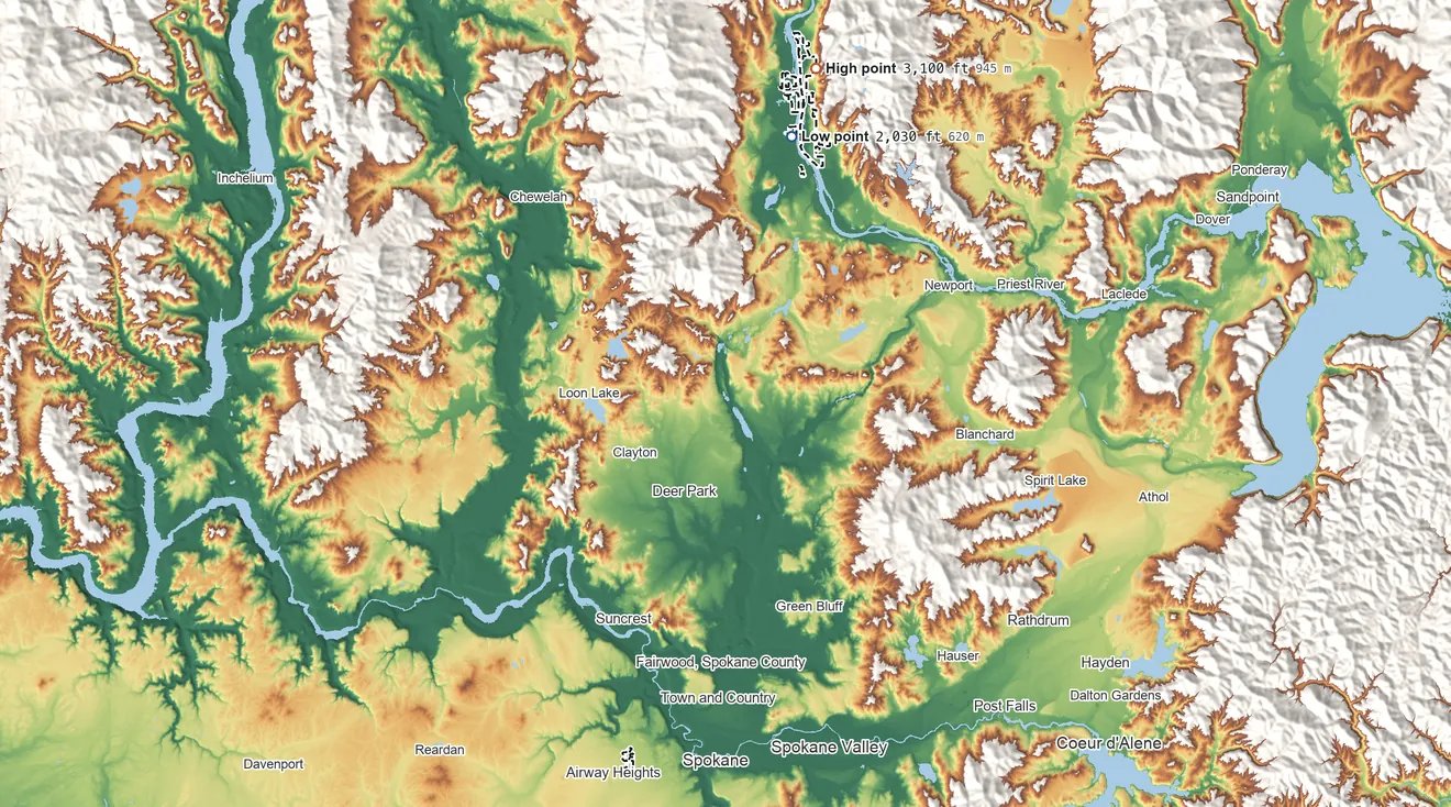 Topographic elevation map of Kalispel Reservation, Washington, shaded from 2,030 ft on the north side to 3,100 ft on the north side