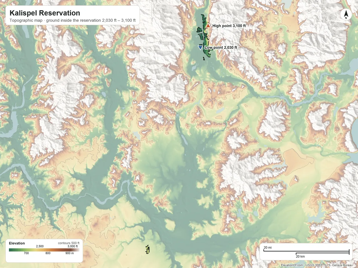 Topographic elevation map of Kalispel Reservation, Washington, shaded from 2,030 ft on the north side to 3,100 ft on the north side