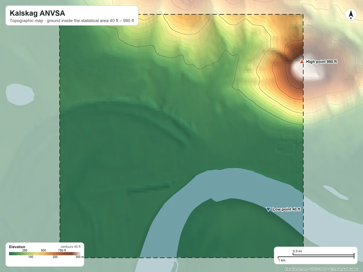 Topographic elevation map of Kalskag ANVSA, Alaska, shaded from 40 ft on the southeast side to 990 ft on the northeast side