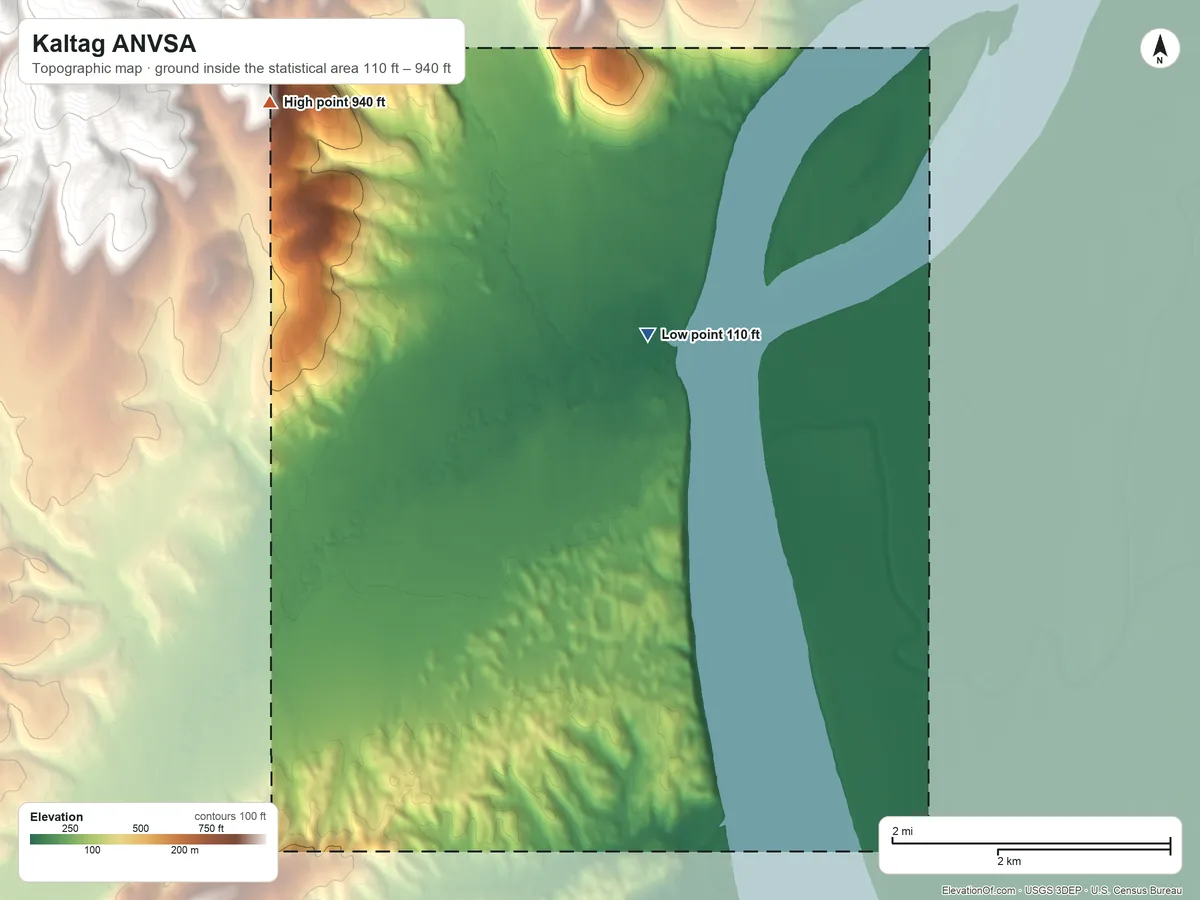 Topographic elevation map of Kaltag ANVSA, Alaska, shaded from 110 ft on the north side to 940 ft on the northwest side