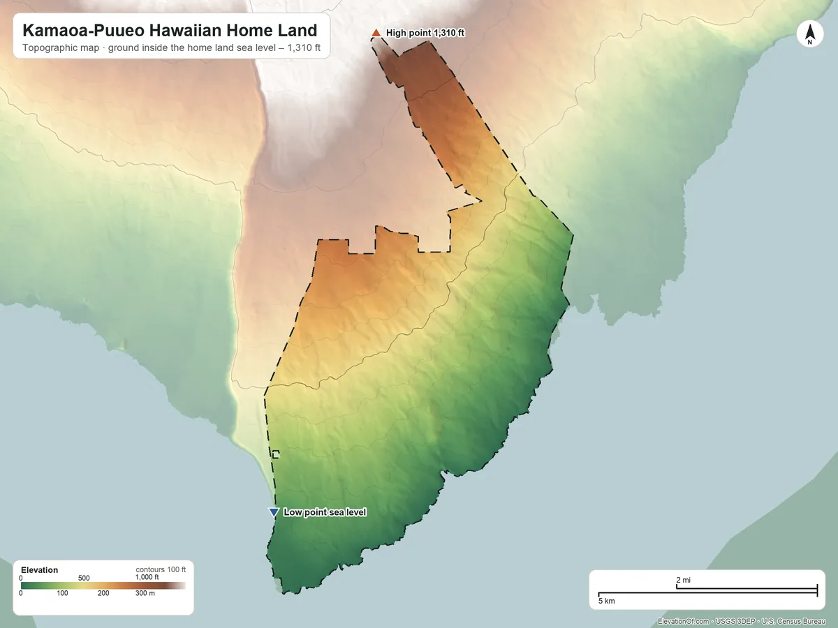 Topographic elevation map of Kamaoa-Puueo Hawaiian Home Land, Hawaii, shaded from sea level on the Pacific Ocean to 1,310 ft on the north side