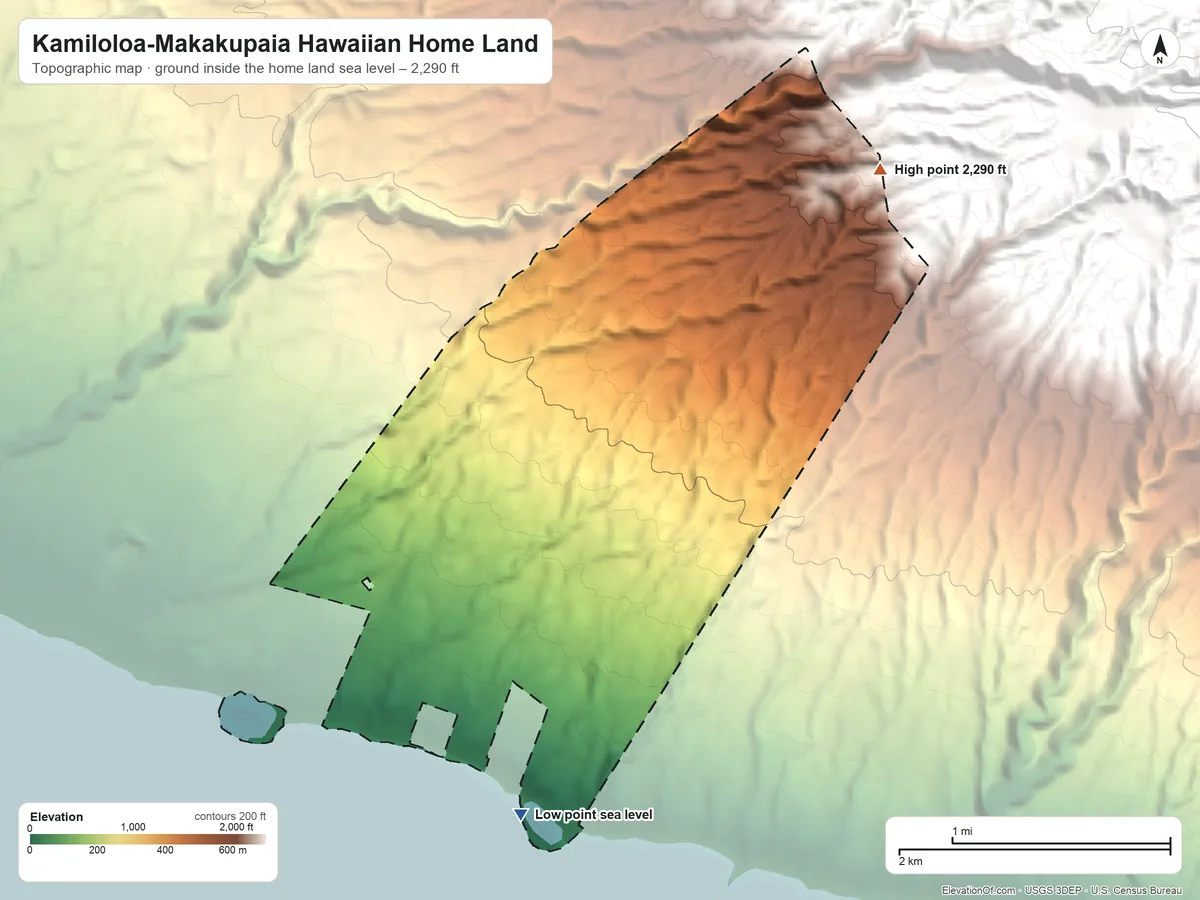 Topographic elevation map of Kamiloloa-Makakupaia Hawaiian Home Land, Hawaii, shaded from sea level on the Pacific Ocean to 2,290 ft on the northeast side