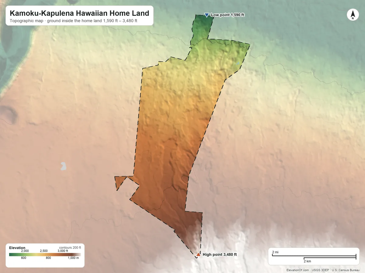 Topographic elevation map of Kamoku-Kapulena Hawaiian Home Land, Hawaii, shaded from 1,590 ft on the north side to 3,480 ft on the south side