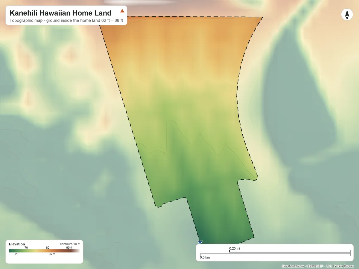 Topographic elevation map of Kanehili Hawaiian Home Land, Hawaii, shaded from 62 ft on the south side to 88 ft on the northwest side
