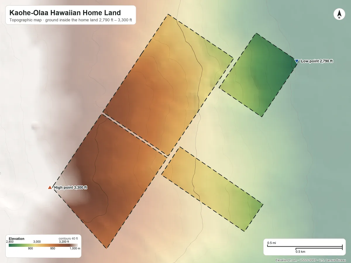 Topographic elevation map of Kaohe-Olaa Hawaiian Home Land, Hawaii, shaded from 2,790 ft on the northeast side to 3,300 ft on the southwest side