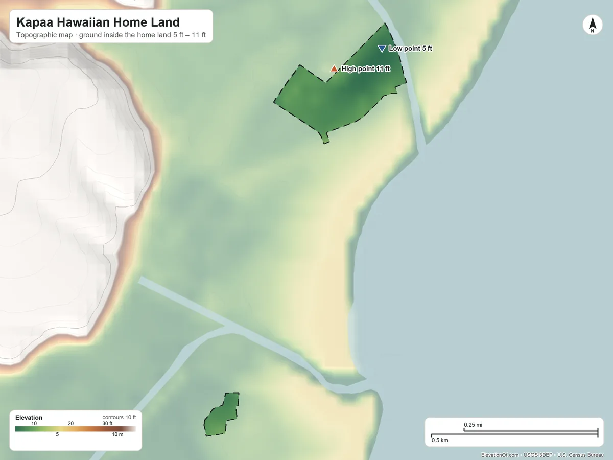 Topographic elevation map of Kapaa Hawaiian Home Land, Hawaii, shaded from 5 ft on the northeast side to 11 ft on the north side