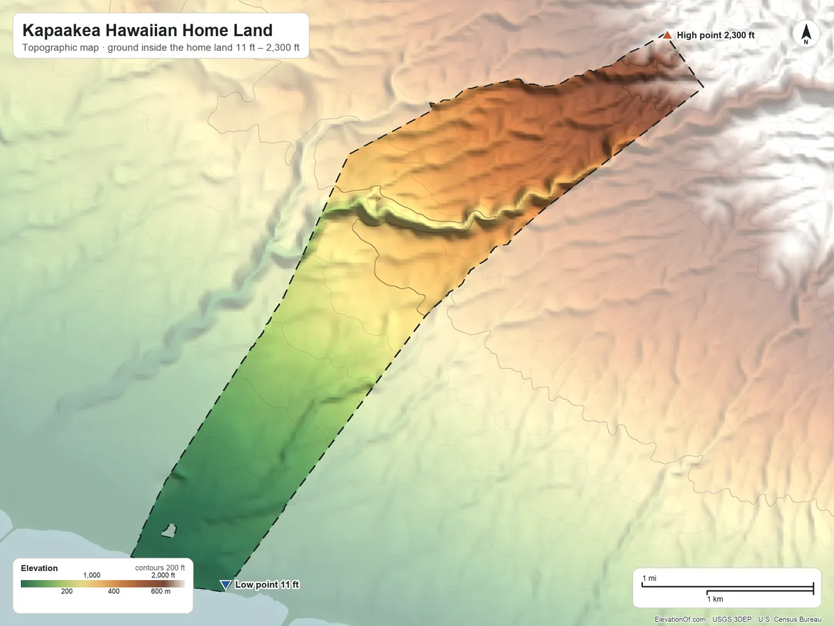 Topographic elevation map of Kapaakea Hawaiian Home Land, Hawaii, shaded from 11 ft on the southwest side to 2,300 ft on the northeast side