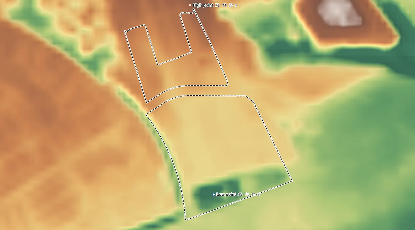 Topographic elevation map of Kapolei Hawaiian Home Land, Hawaii, shaded from 45 ft on the south side to 71 ft on the north side