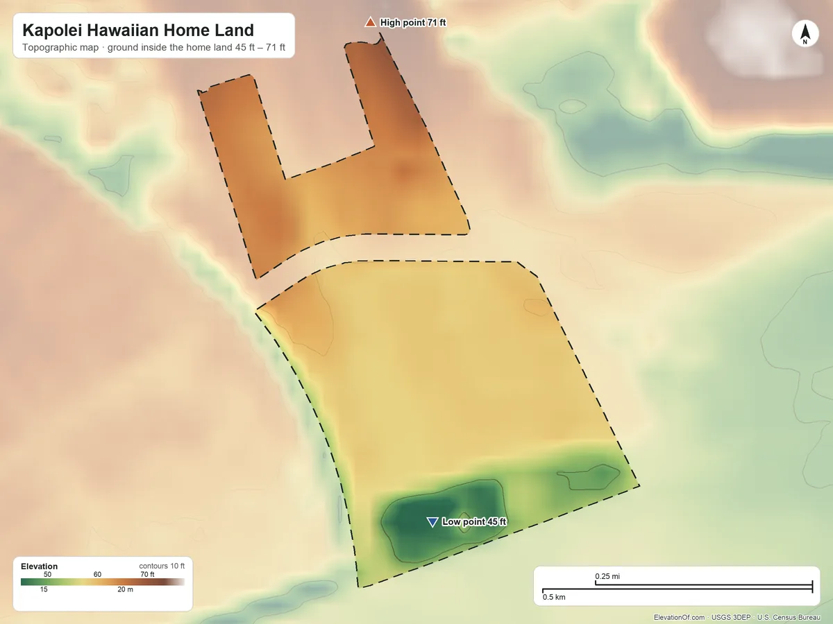 Topographic elevation map of Kapolei Hawaiian Home Land, Hawaii, shaded from 45 ft on the south side to 71 ft on the north side