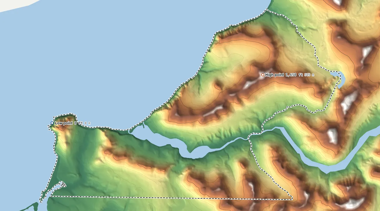 Topographic elevation map of Karluk ANVSA, Alaska, shaded from sea level on the Karluk Anchorage to 1,650 ft on the northeast side