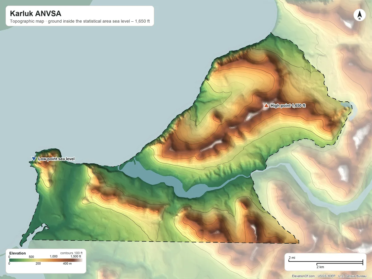 Topographic elevation map of Karluk ANVSA, Alaska, shaded from sea level on the Karluk Anchorage to 1,650 ft on the northeast side