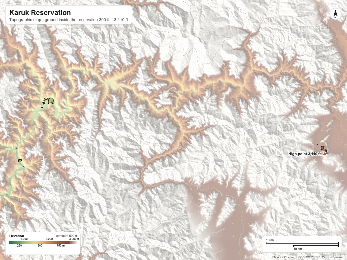 Topographic elevation map of Karuk Reservation, California, shaded from 390 ft on the southwest side to 3,110 ft on the east side