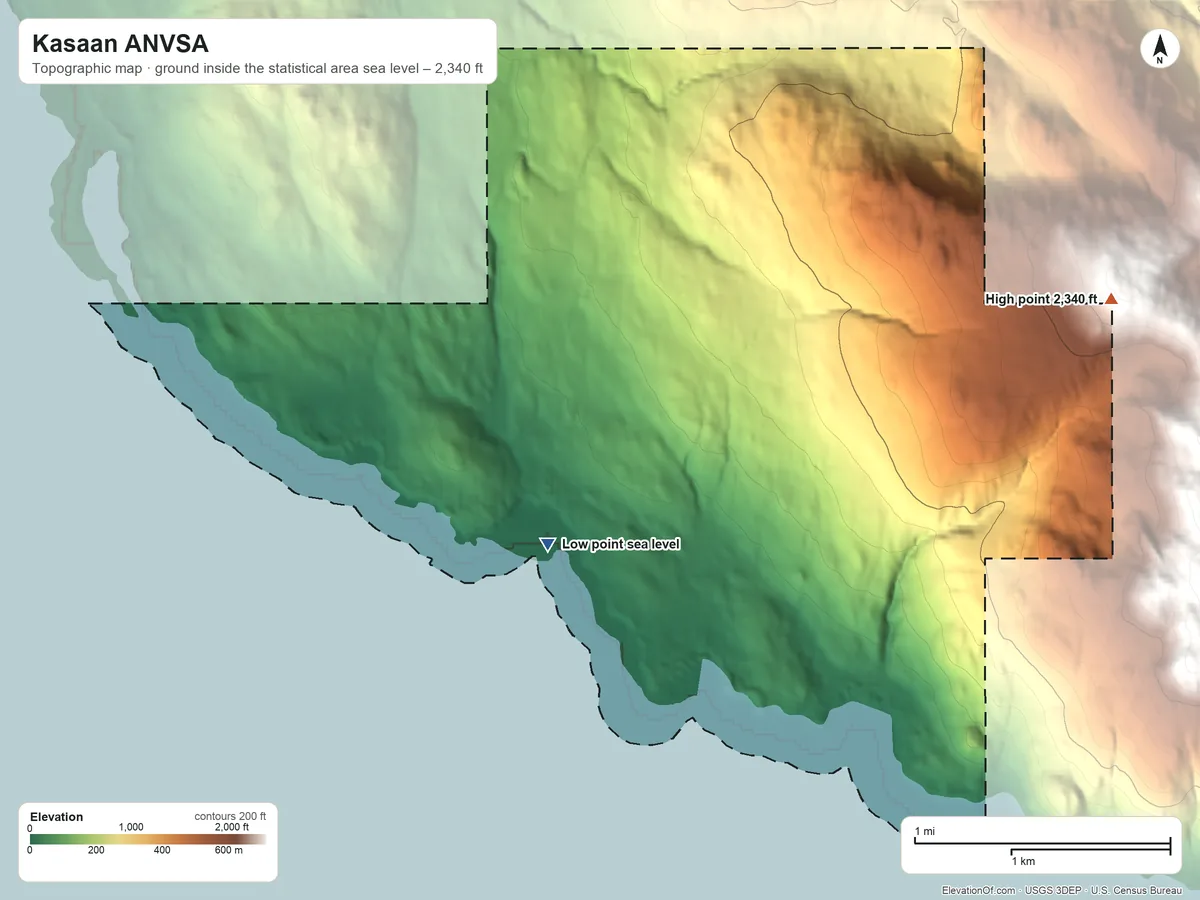 Topographic elevation map of Kasaan ANVSA, Alaska, shaded from sea level on Kasaan Bay to 2,340 ft on the east side