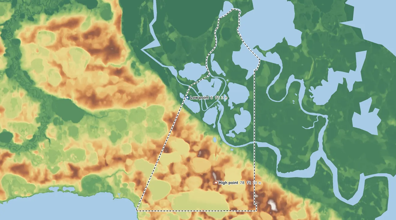 Topographic elevation map of Kasigluk ANVSA, Alaska, shaded from 6 ft near the middle to 78 ft on the south side