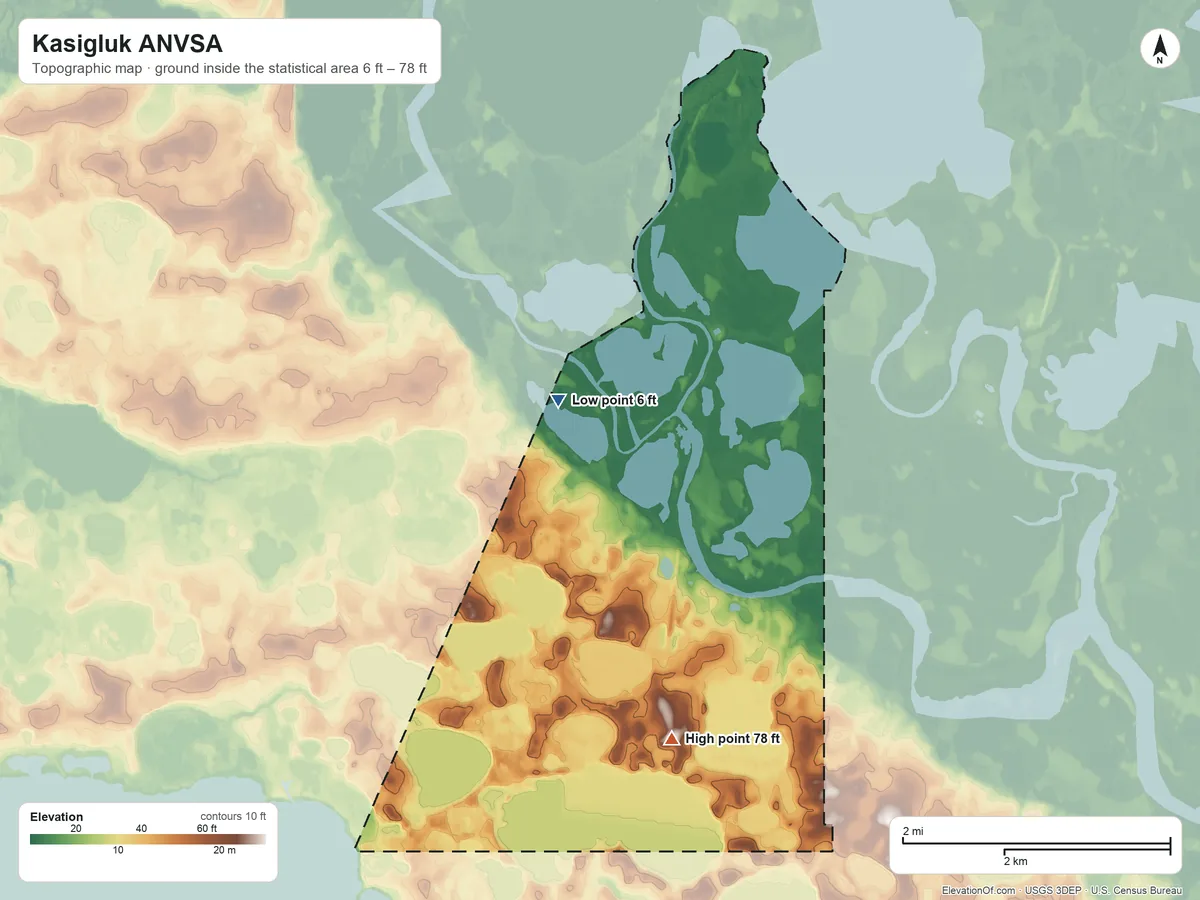 Topographic elevation map of Kasigluk ANVSA, Alaska, shaded from 6 ft near the middle to 78 ft on the south side