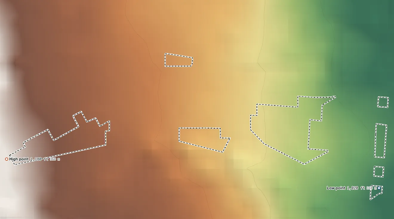 Topographic elevation map of Kaumana Hawaiian Home Land, Hawaii, shaded from 1,020 ft on the southeast side to 1,180 ft on the west side