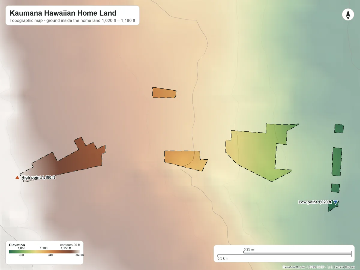 Topographic elevation map of Kaumana Hawaiian Home Land, Hawaii, shaded from 1,020 ft on the southeast side to 1,180 ft on the west side